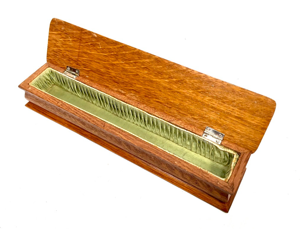 Antique Wooden Oak & Silver Hand Fan Storage Box Trinket Hallmarked Chester 1909