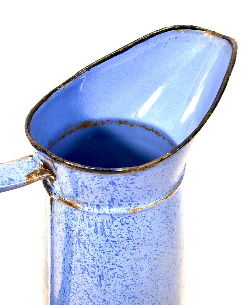 Antique Large Farmhouse Rustic Style Blue Mottled Enamel Pitcher / Flower Jug