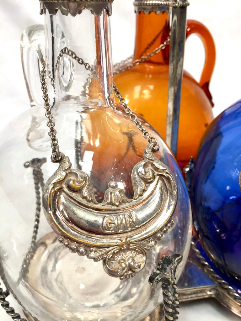 Antique Victorian Blue, Brown and Clear Glass Flagon Decanter Set Display Stand