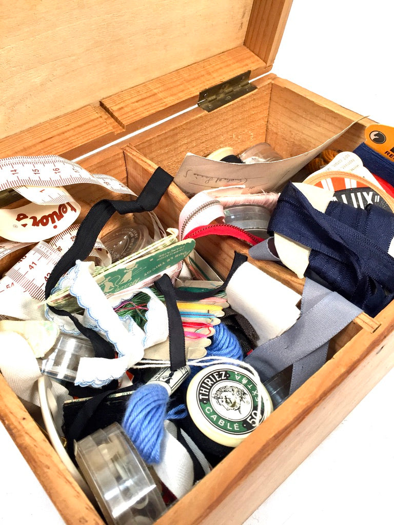 Antique Wood Storage Box with Haberdashery Sewing Collectable Items 20th Century