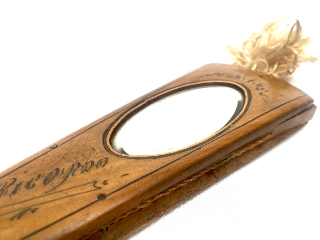 Antique Italian Sorrento Olive Wood & Paper Handheld Ladies Handbag Fan & Mirror