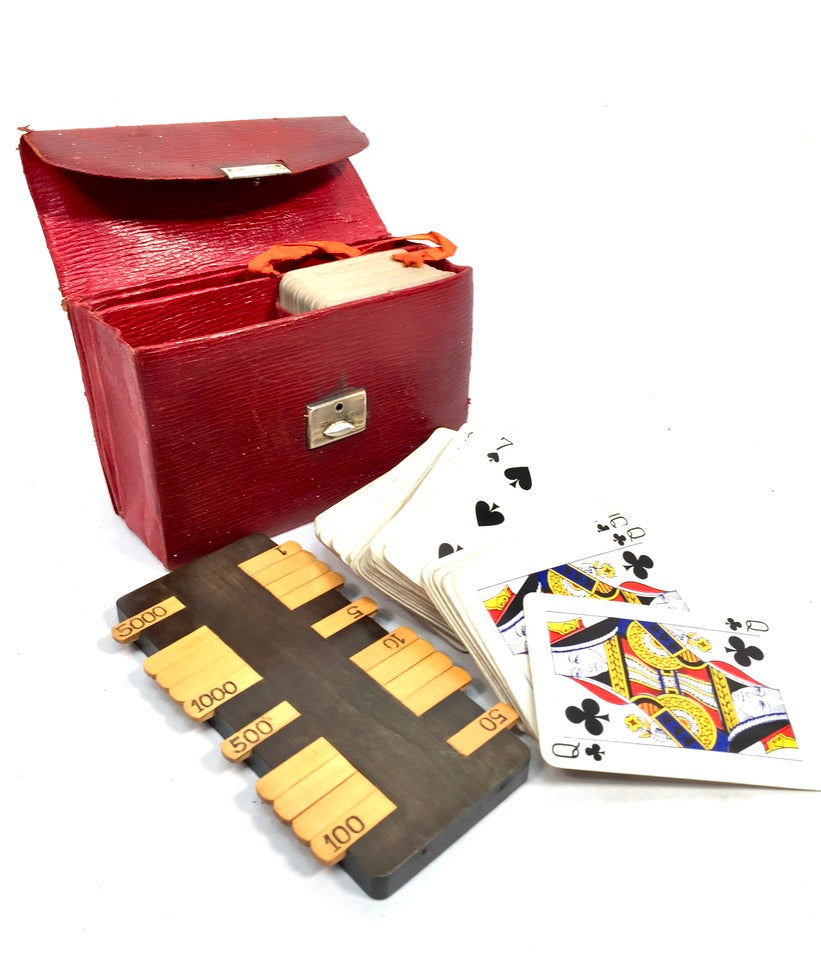 Antique Leather & Hallmarked Silver Travel Playing Card Case / Bag Game Storage