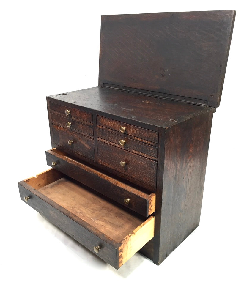Antique Tabletop Wooden Tool Chest / Collectors Drawers Storage Box c.1900