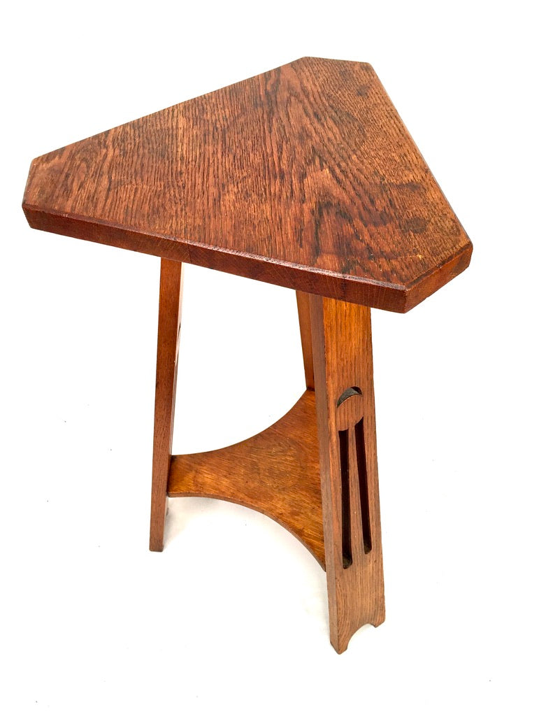 Antique Arts & Crafts Oak Wooden Carved Tripod Occasional Lamp Plant Table c1930