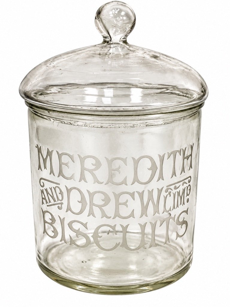 Antique Advertising - Shop Display Glass Meredith & Dew Biscuit Jar with Lid