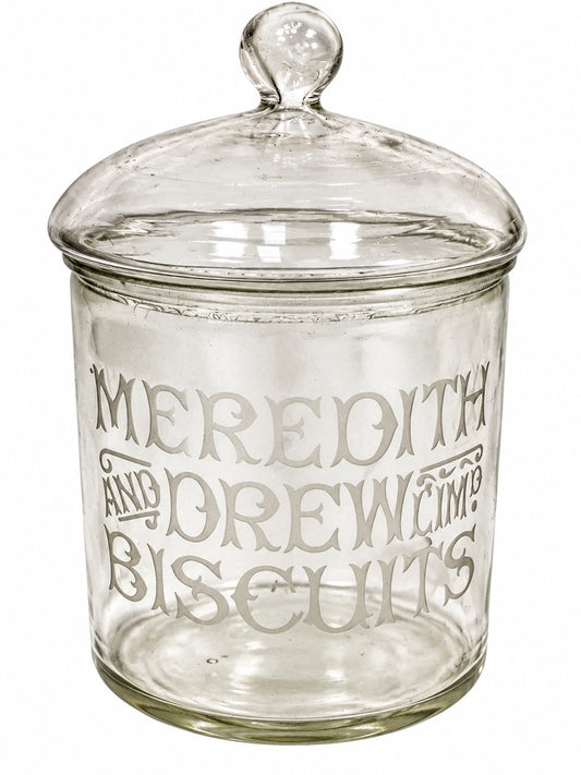 Antique Advertising - Shop Display Glass Meredith & Dew Biscuit Jar with Lid