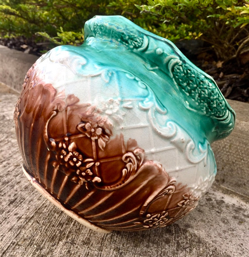 Antique Green & Brown Pottery Majolica Planter Indoor Plant Pot Cache Pot c.1920