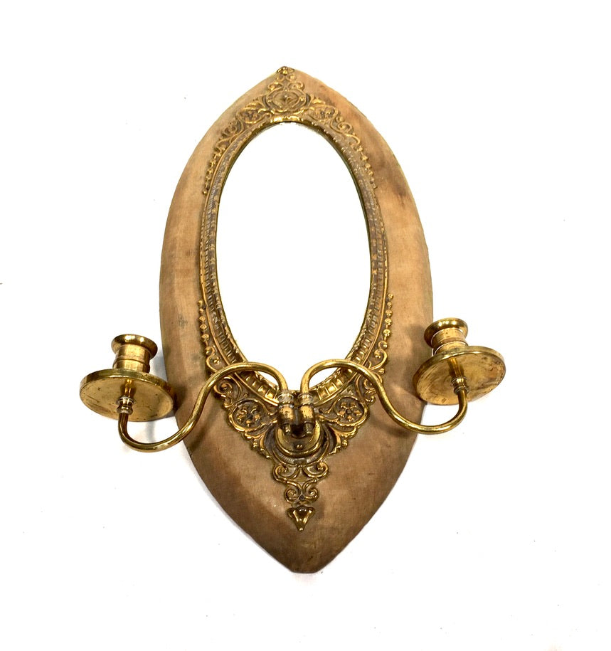 Antique Brass & Fabric Wall Mounted Mirror / Double Candle Holder Sconce c.1900