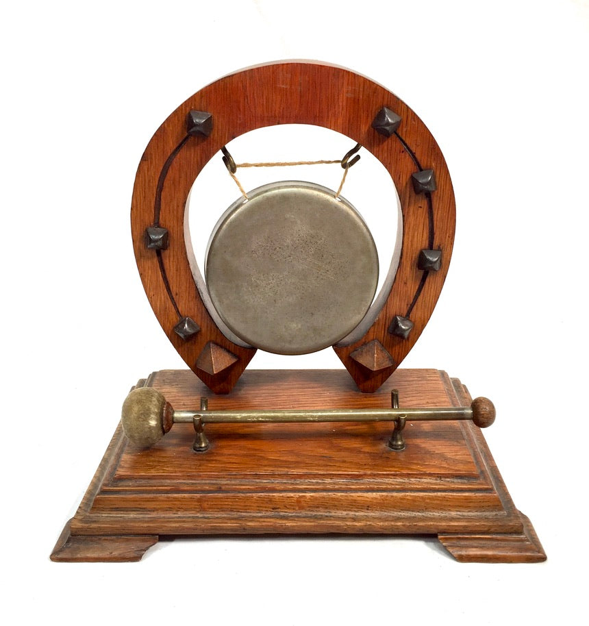 Antique Brass Gong with Lucky Horseshoe – Wooden Oak Stand & Mallet Vintage