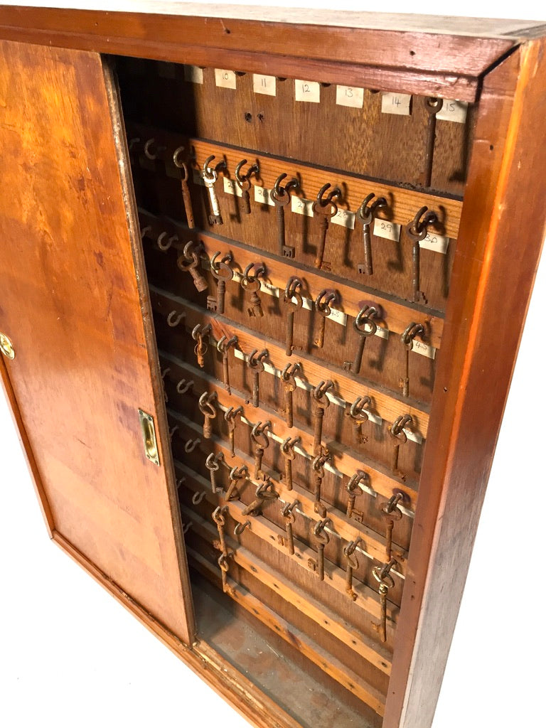 Antique 1930s Large Wall Hanging Wooden Hotel Key Storage Cabinet / Cupboard