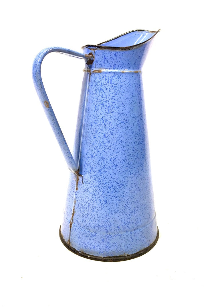 Antique Large Farmhouse Rustic Style Blue Mottled Enamel Pitcher / Flower Jug