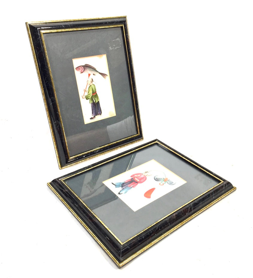 Antique Hand Painted Watercolour Framed Paintings on Rice / Pith Paper c.1900