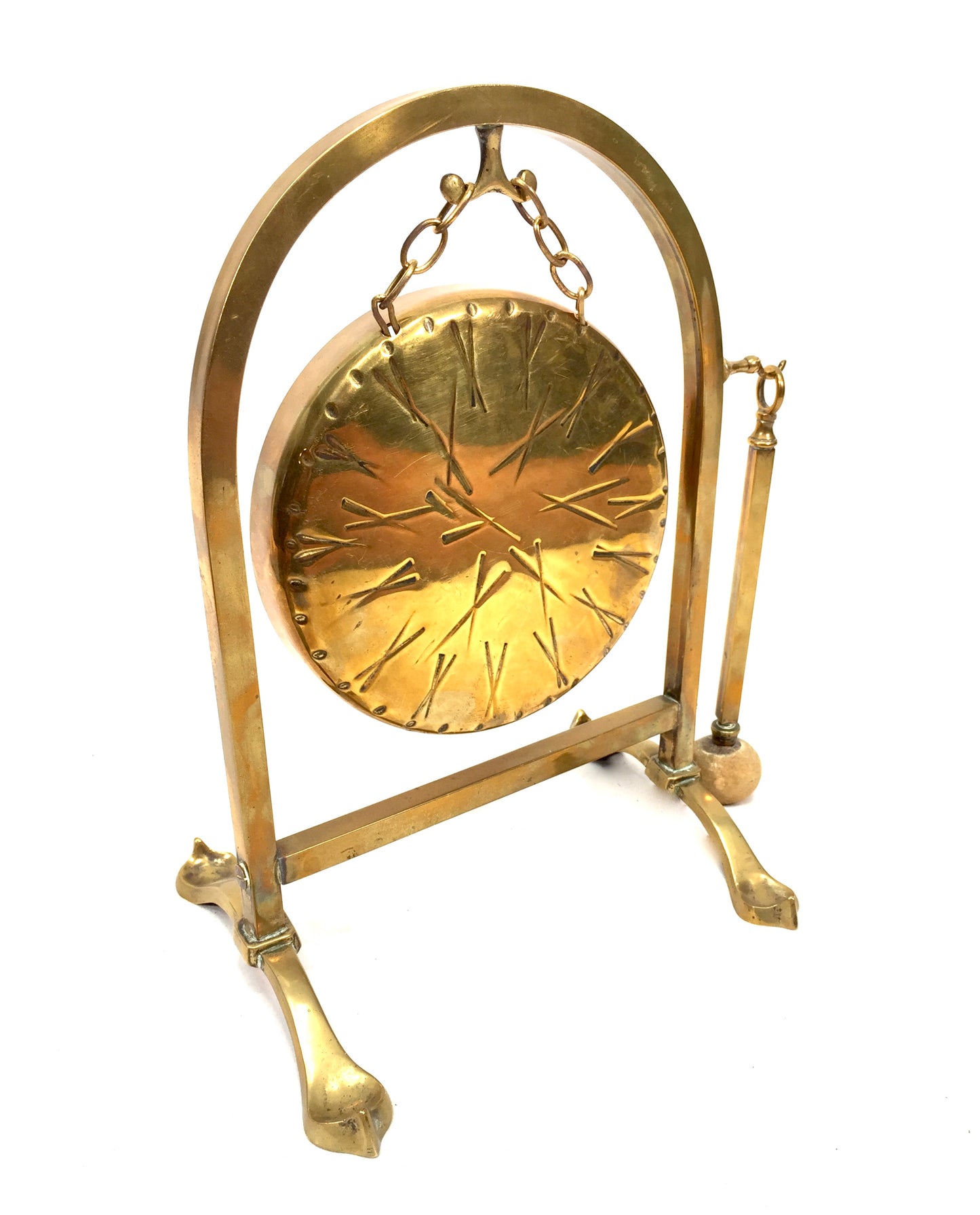 Vintage Tabletop Solid Brass Dinner Gong Stand & Mallet / Antique c.1950