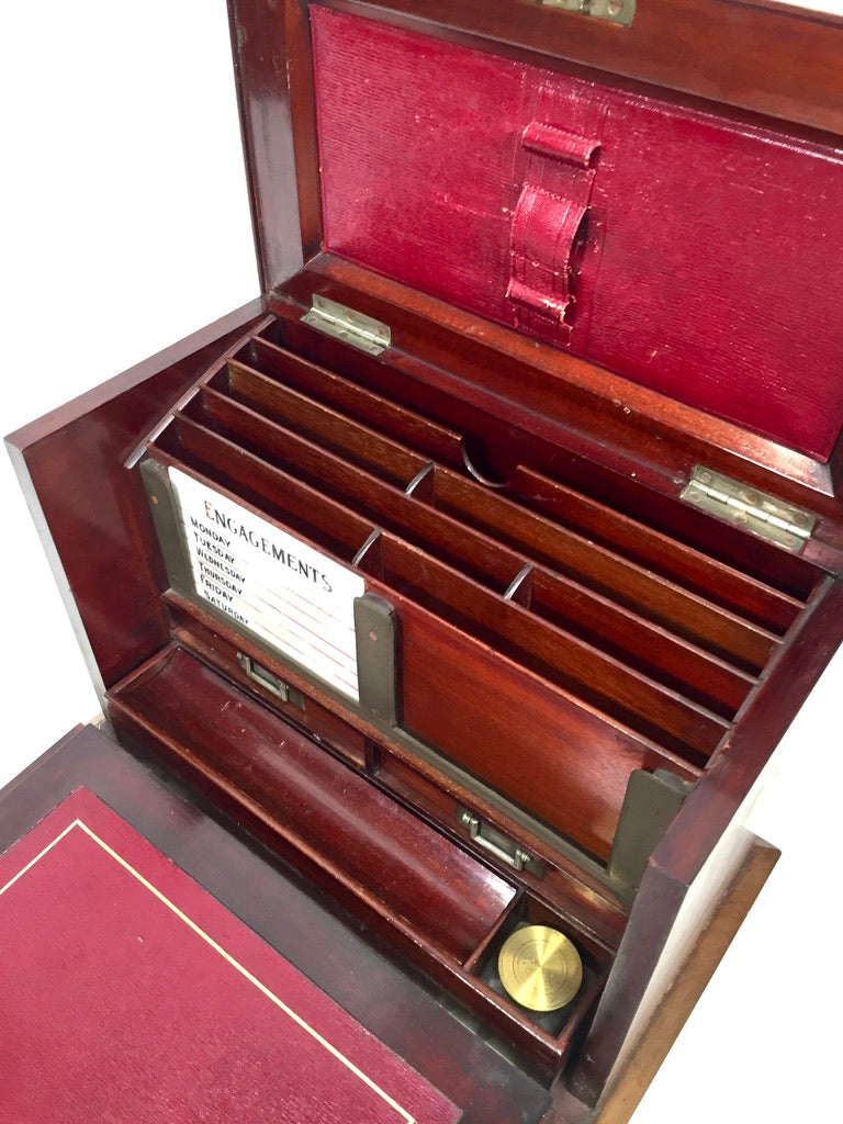 Antique Victorian Oak Wooden Desktop Stationery Box / Writing Cabinet with Key