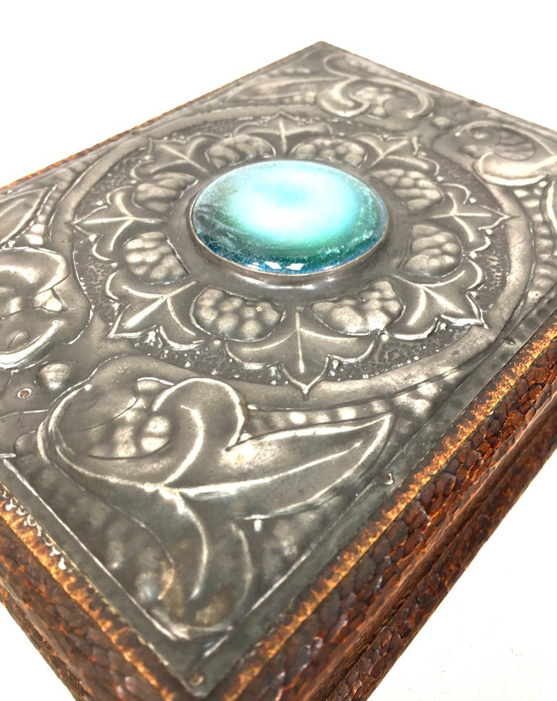 Antique Wood & Pewter Storage Box / Trinket Jewellery Box / Blue Cabochon c.1930