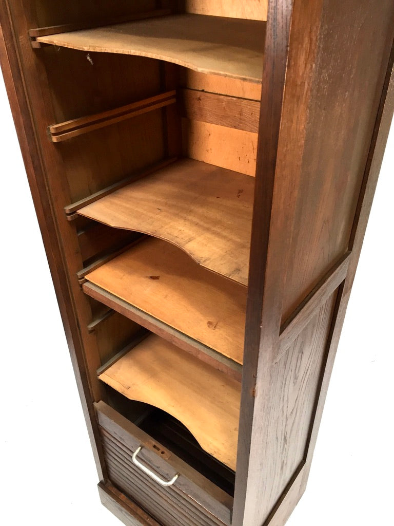 Antique 1950s Wooden Oak Tambour Fronted Office Paper Filing Cabinet with Key
