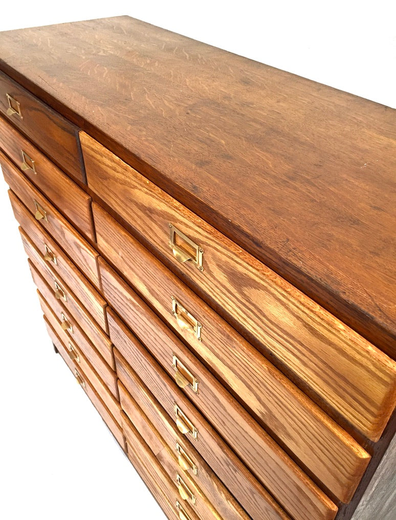 Antique Large Wooden Oak Office Double Filing Drawer Storage Cabinet Sideboard