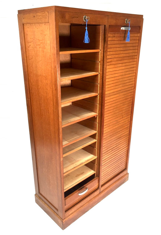 Antique 1950s Wood Oak Double Tambour Fronted Office Paper Filing Cabinet & Keys