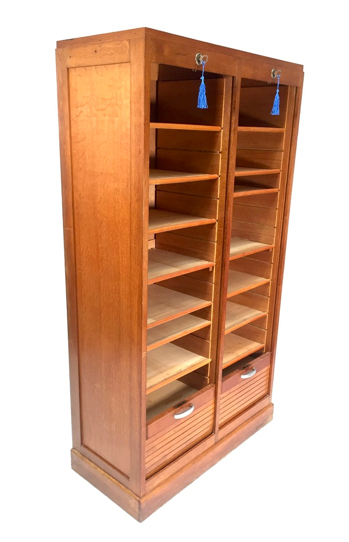 Antique 1950s Wood Oak Double Tambour Fronted Office Paper Filing Cabinet & Keys