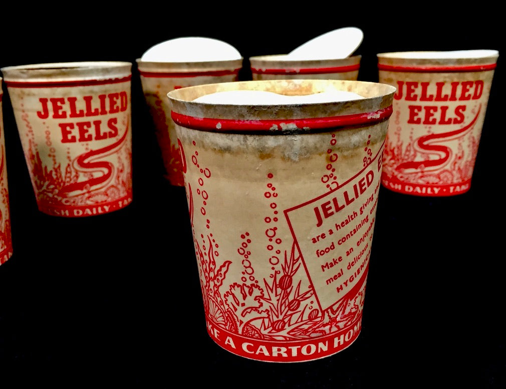 Antique Advertising - 1930s Six Waxed Paper Cartons with Lids for Jellied Eels