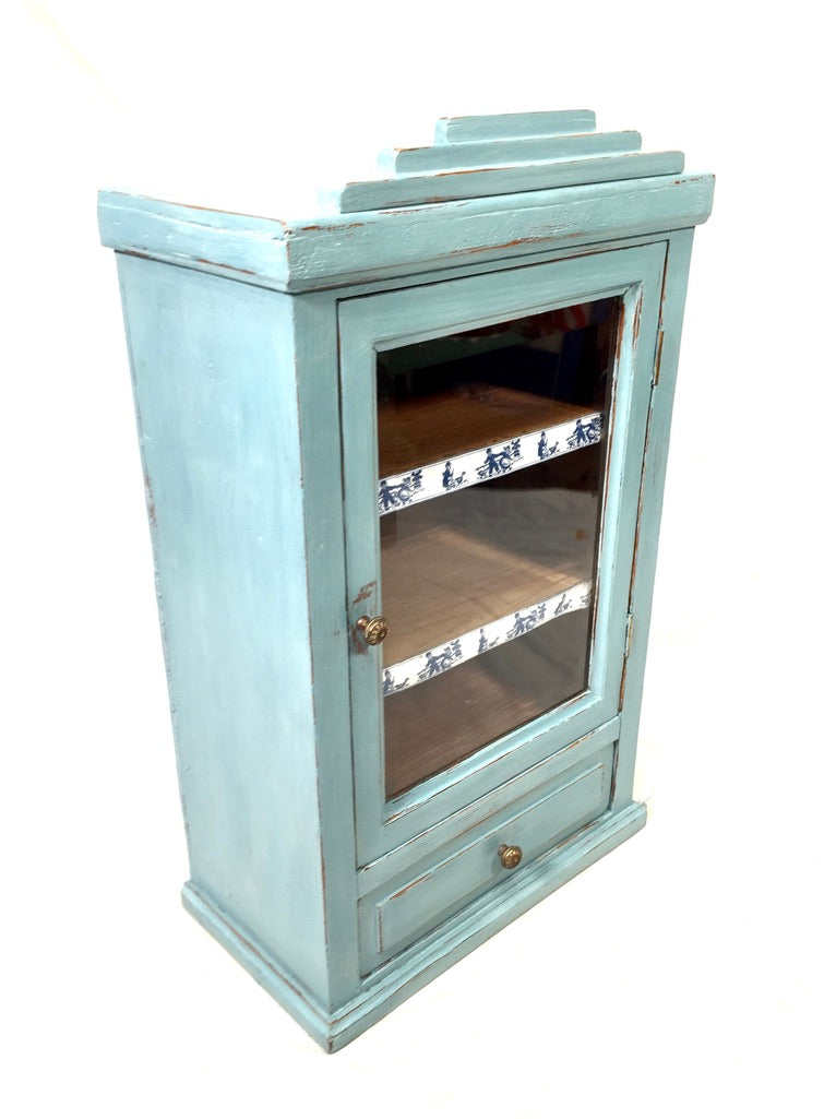 Antique Blue Painted Pine Wooden Tabletop Cabinet / Wall Storage Shelf Box c1950