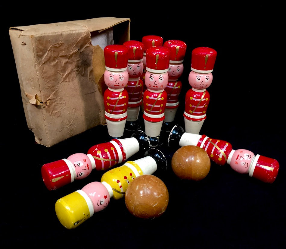 Antique Complete Set French Hand Painted Wooden Soldier Bowling Skittles & Balls