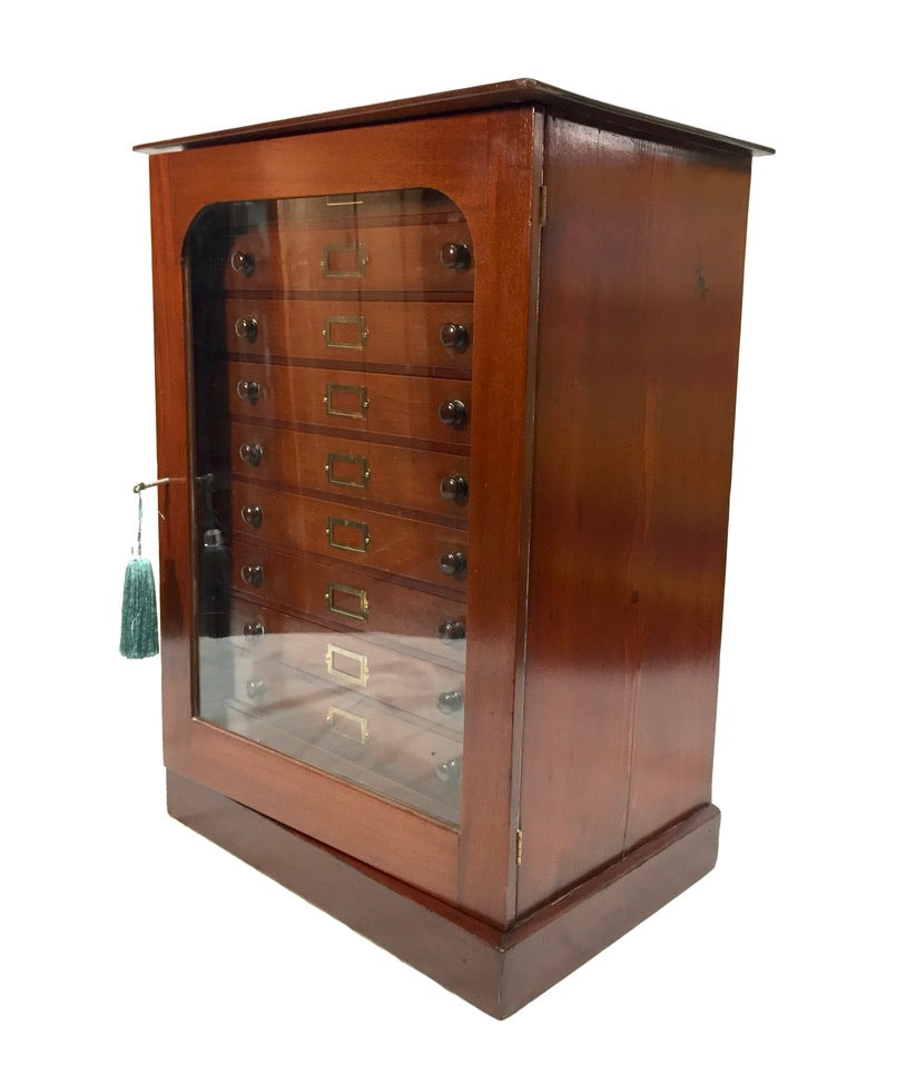 Antique Victorian Mahogany & Glass Specimen Collectors Filing Drawer Cabinet