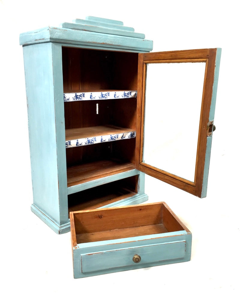 Antique Blue Painted Pine Wooden Tabletop Cabinet / Wall Storage Shelf Box c1950