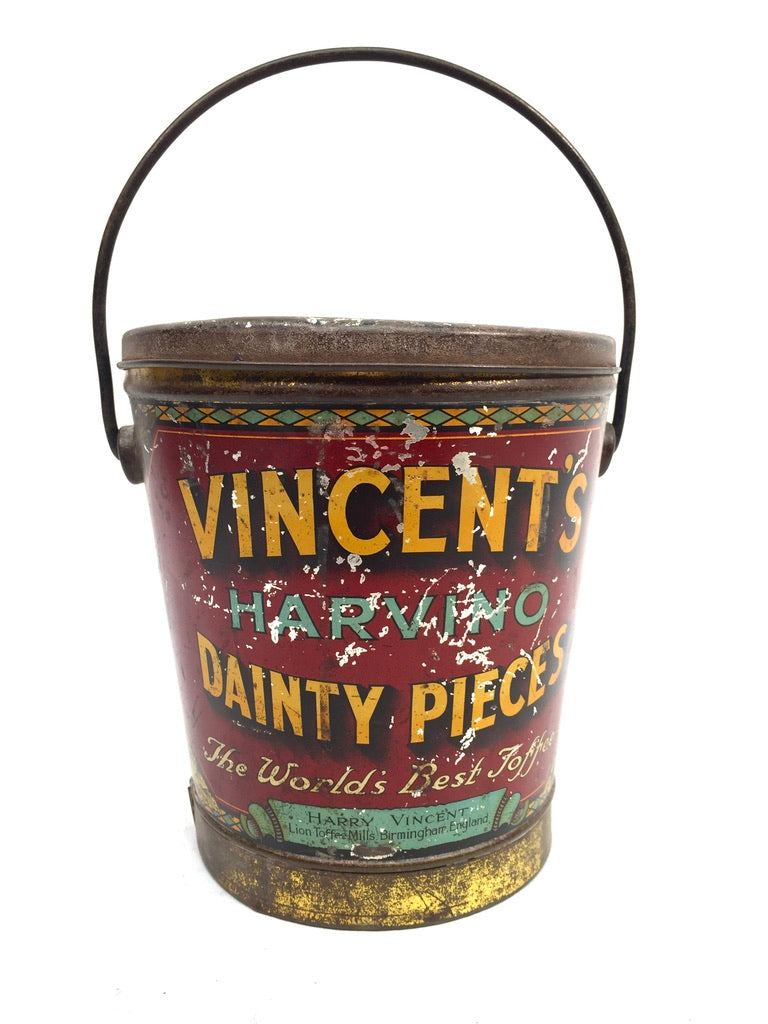 Antique Advertising 1920s Vincents Harvino Dainty Pieces Toffee Tin Bucket Shape