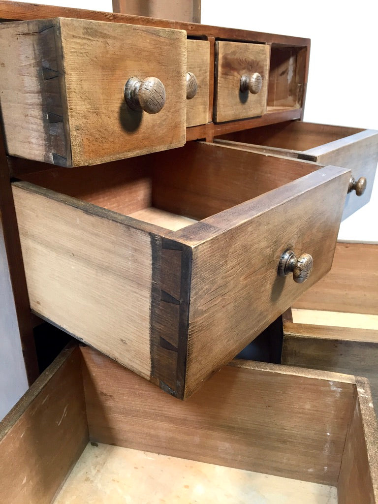 Antique Wooden Large Pine Tabletop Apothecary / Seed Merchant Drawers / Cabinet