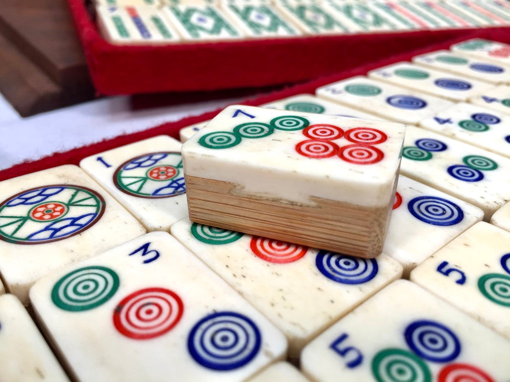 Antique Mahjong Game Carved Box / Bone & Bamboo Tiles / Mah Jong Game / Complete