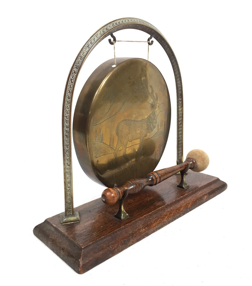 Vintage Tabletop Stag Design Brass Dinner Gong Oak Stand & Mallet Antique c.1950