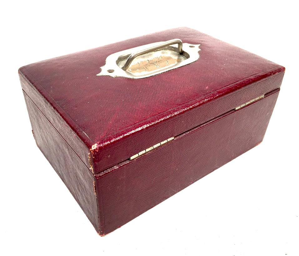 Antique Edwardian Leather Tabletop Cash Box / Jewellery Cabinet with Key c.1910
