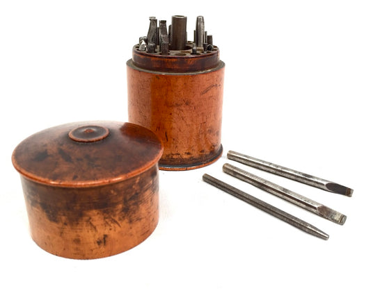 Antique Wooden Storage Case with Various Steel Metal Punch Set Tools Watchmaker