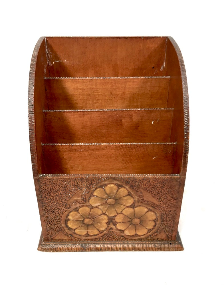 Antique Wooden Desktop Letter Rack / Stationery Holder with Poker Work Design