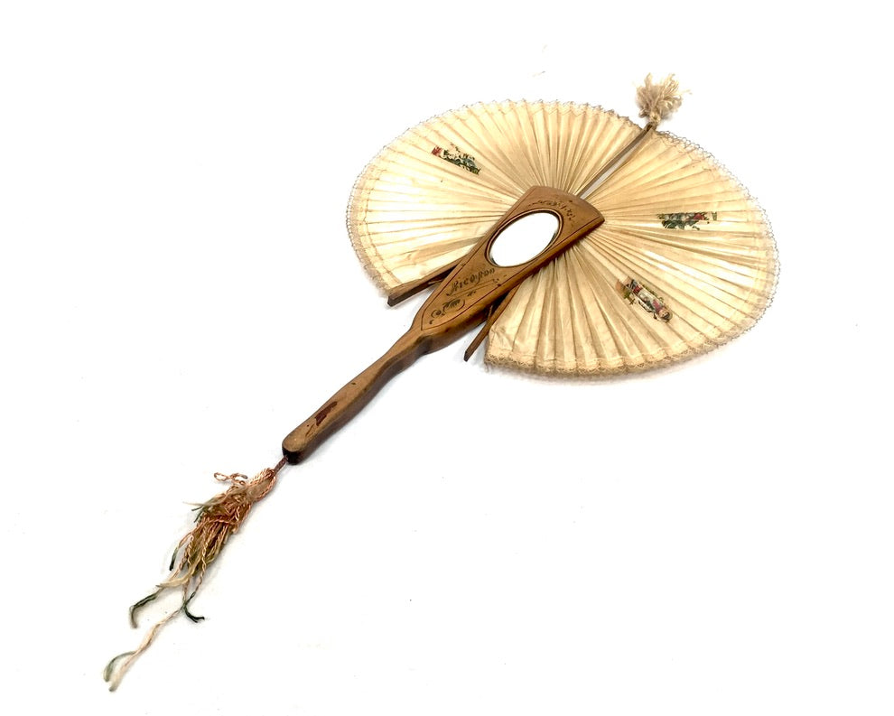 Antique Italian Sorrento Olive Wood & Paper Handheld Ladies Handbag Fan & Mirror