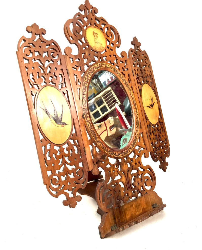 Antique Tabletop Hand Carved Wooden Sorrento Ware Triptych Vanity Mirror c.1900
