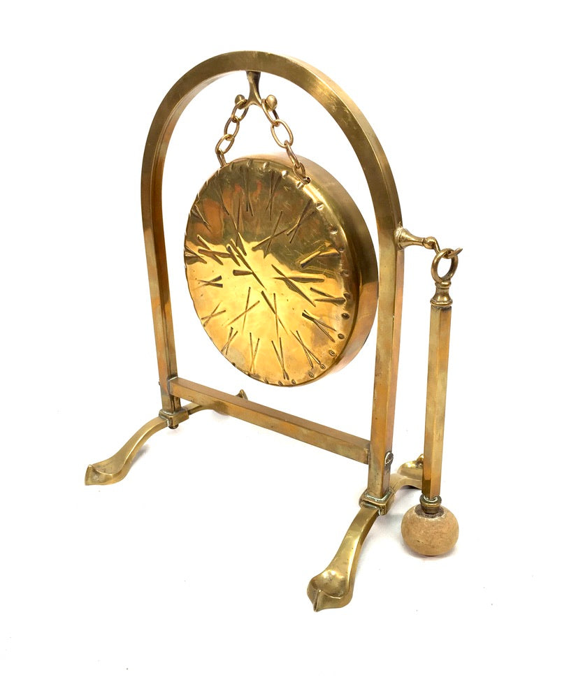 Vintage Tabletop Solid Brass Dinner Gong Stand & Mallet / Antique c.1950