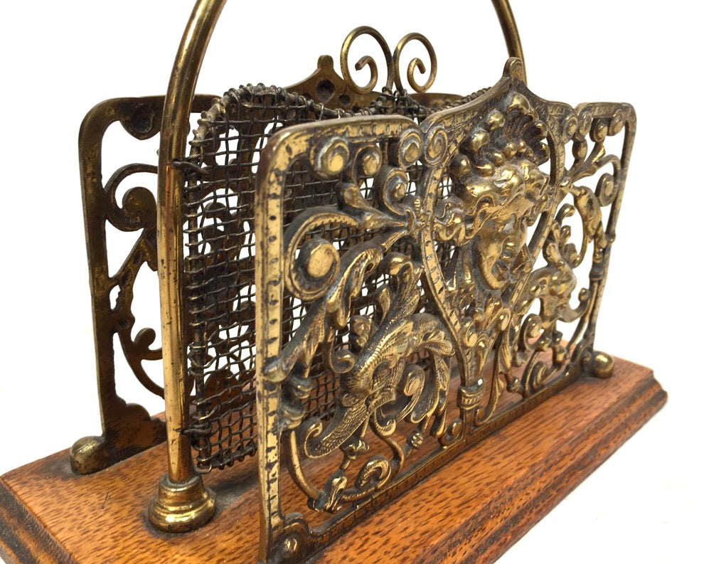 Antique Early 20th Century Ornate Brass & Oak Wooden Desktop Letter Holder Rack
