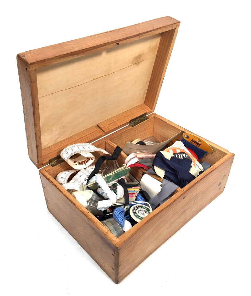 Antique Wood Storage Box with Haberdashery Sewing Collectable Items 20th Century
