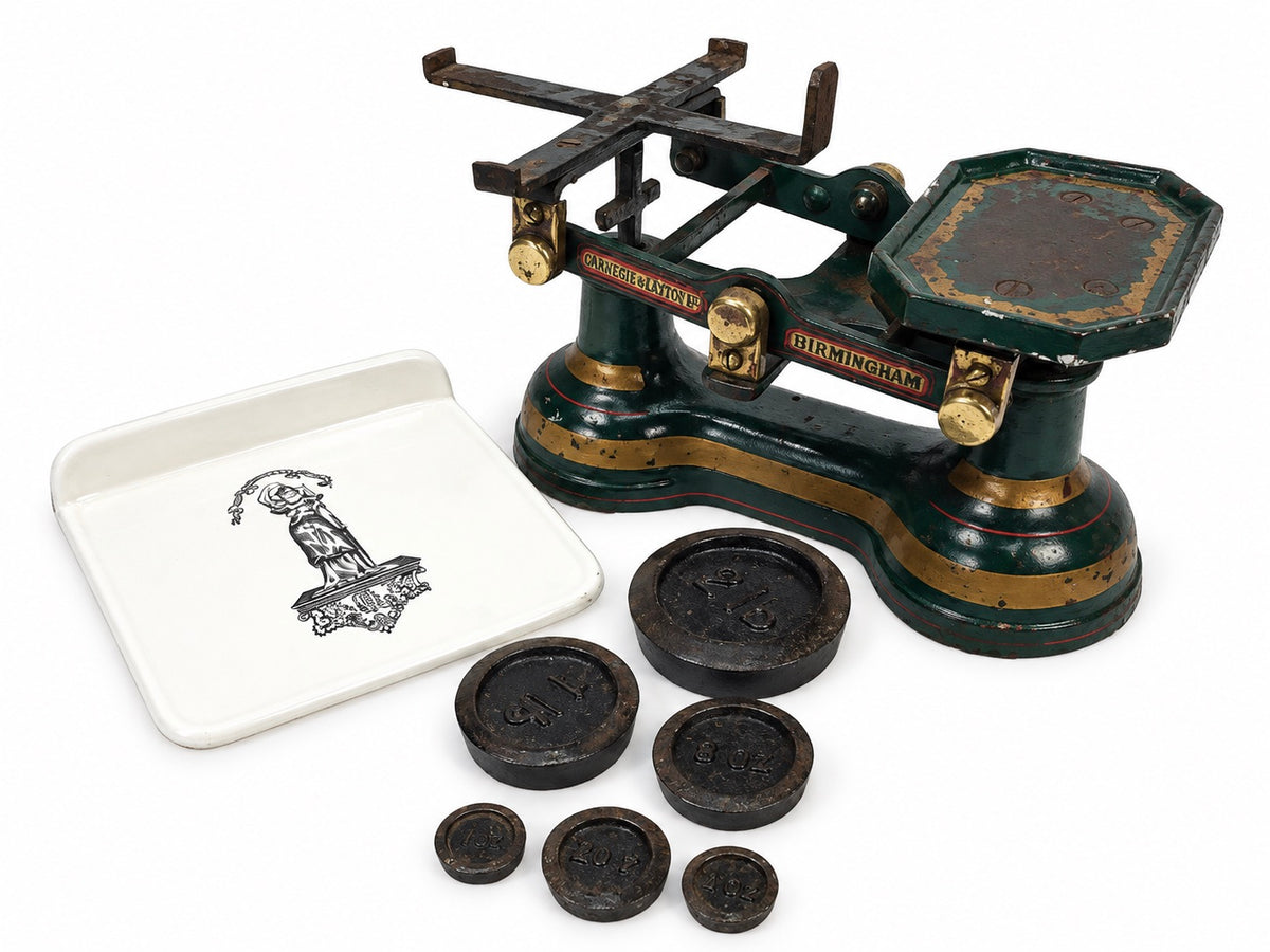 Antique Victorian Cast Iron Shop Scales with "Lady of Justice" Porcelain Plate