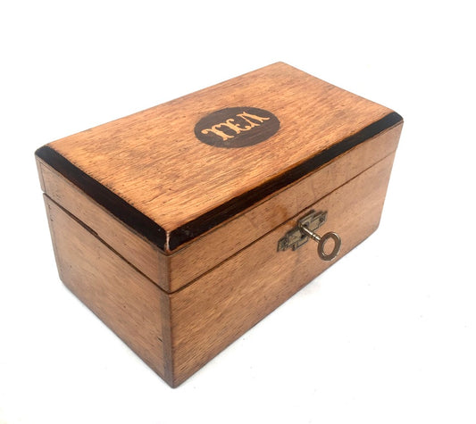 Antique 19th Century Wooden Double Compartment Tea Caddy with Key & Working Lock