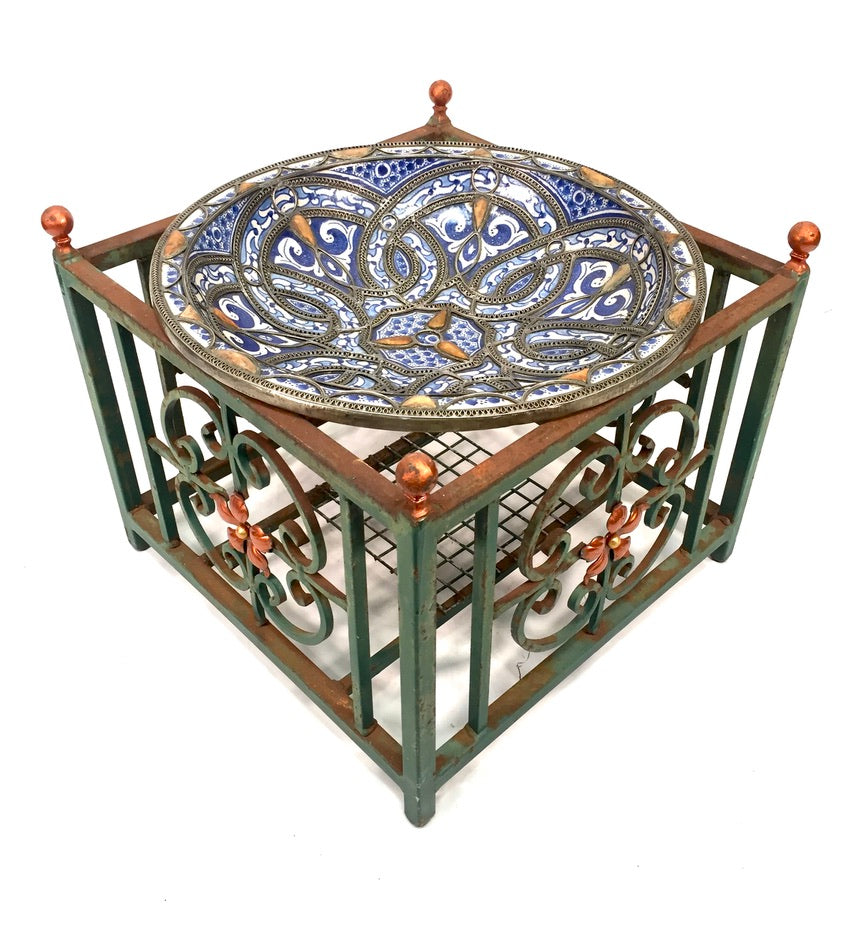 Vintage Hand Crafted Moroccan Style Bowl Outdoor Green Copper Toned Metal Stand