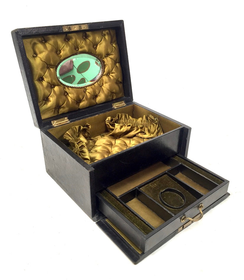 Antique 19th Century Black Leather & Brass Jewellery Trinket Storage Box c.1880
