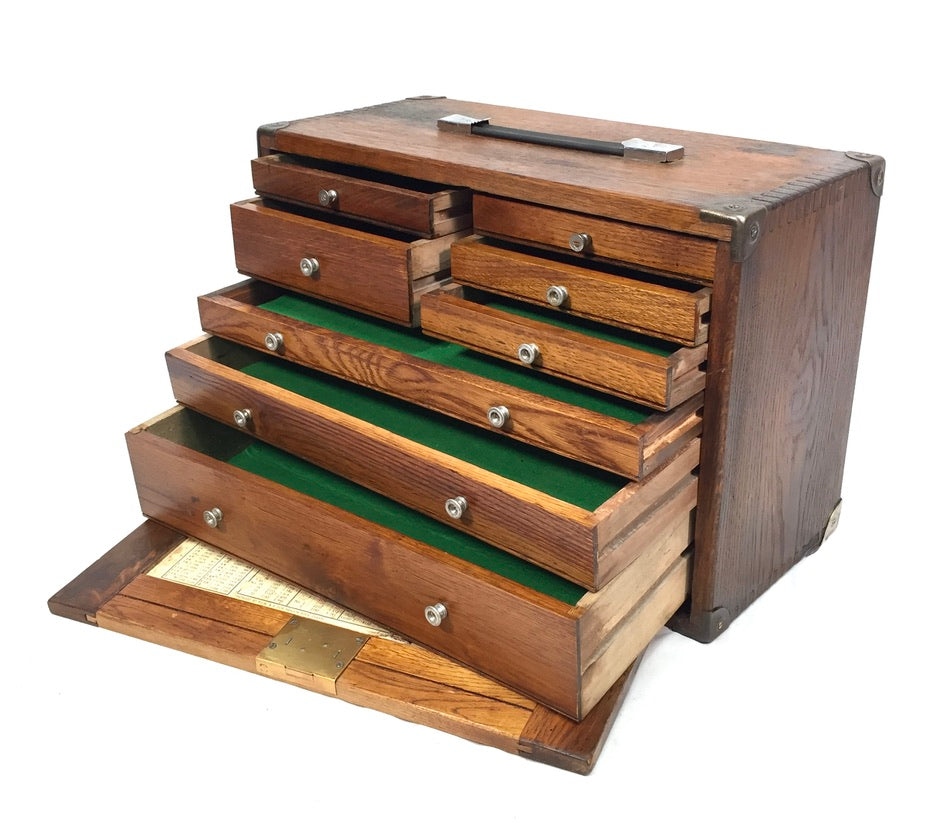 Antique Wooden Engineers Toolbox Tool Box Collectors Cabinet by Neslein with Key