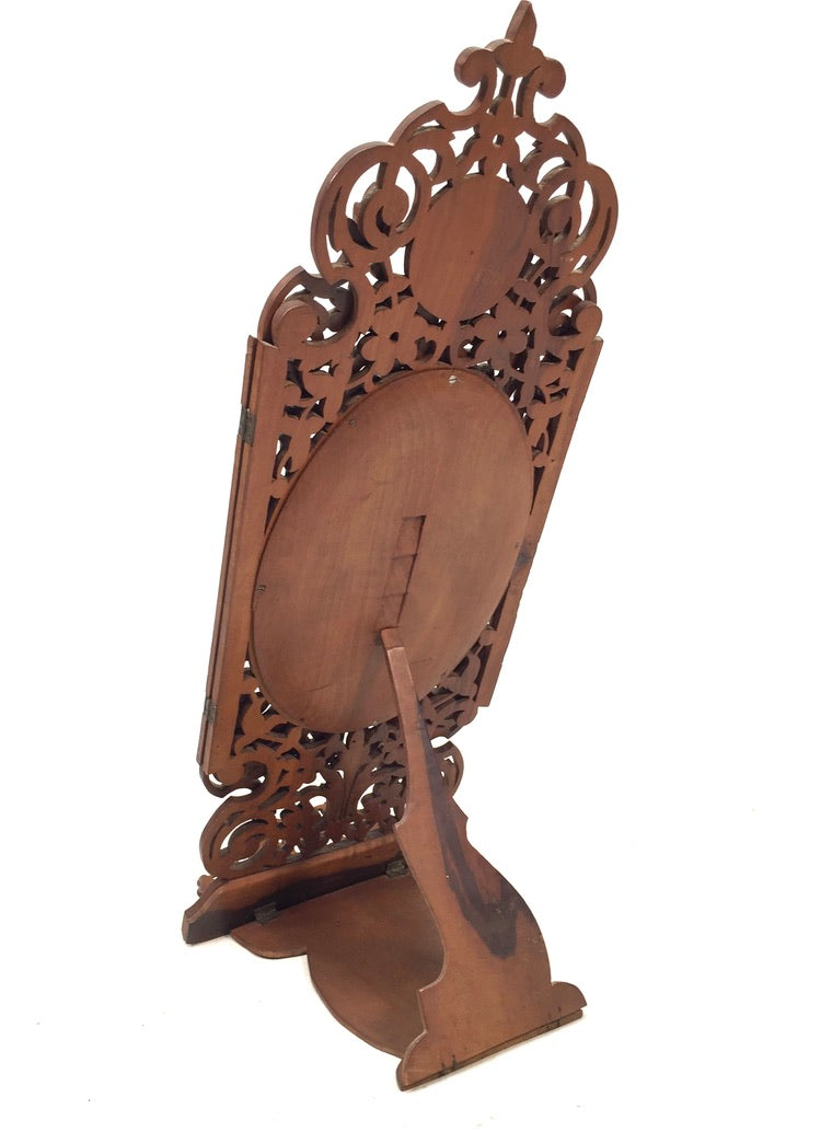 Antique Tabletop Hand Carved Wooden Sorrento Ware Triptych Vanity Mirror c.1900