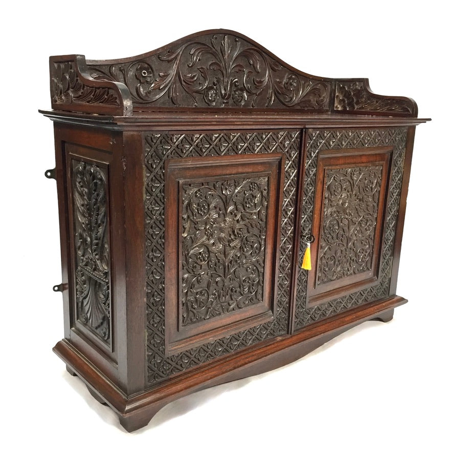 Antique Wooden Ornate Hand carved Cabinet / Cupboard with Key 19th Century