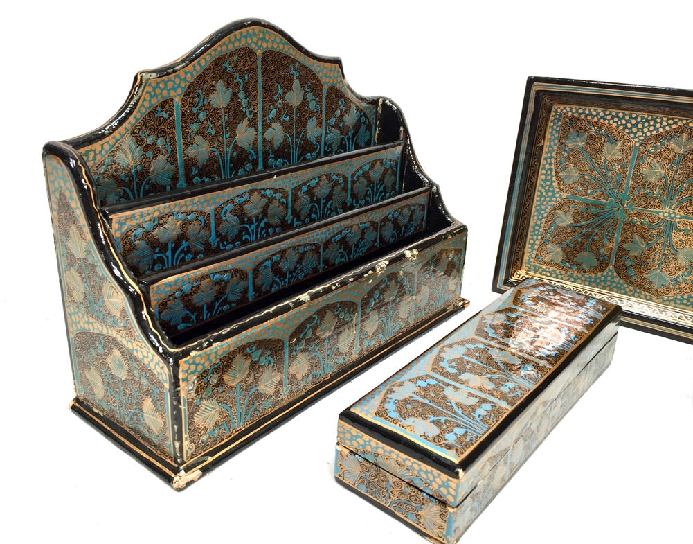 Vintage Wood 4 Piece Kashmir Desk Set Letter Rack / Stationery Tray / Pen Holder