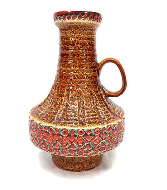 Vintage Spara Keramik West German Pottery Vase Jug / Retro 1970s Orange & Brown