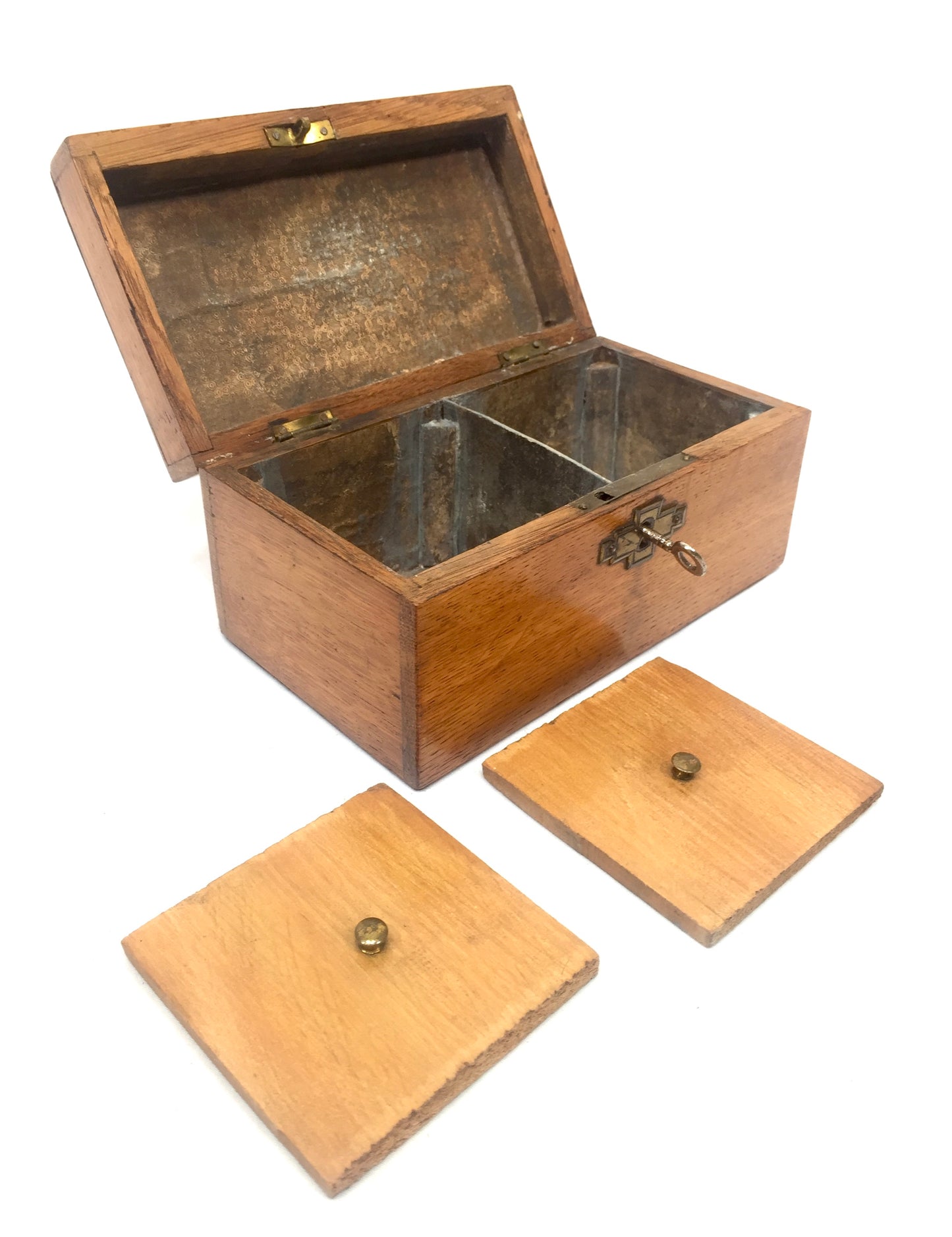 Antique 19th Century Wooden Double Compartment Tea Caddy with Key & Working Lock
